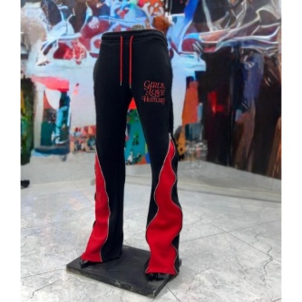RARE- Girls Love Hustlers Sweatpants Mens M Black Red Wavy‎ Panel Flare Joggers